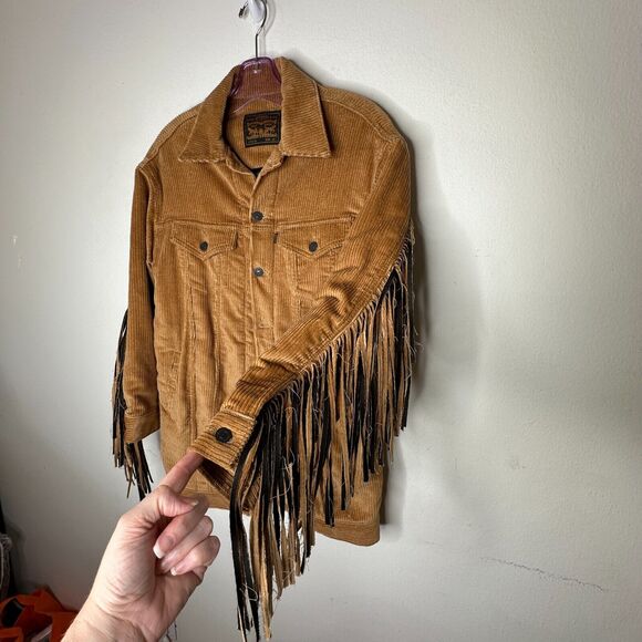 NWT Levis Karla Camel Tan Fringed Corduroy Long Trucker Button-Front Jacket XS - Picture 3 of 16